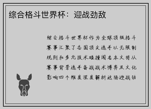 综合格斗世界杯：迎战劲敌
