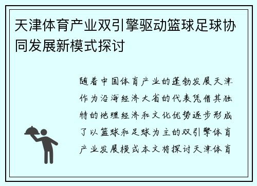 天津体育产业双引擎驱动篮球足球协同发展新模式探讨